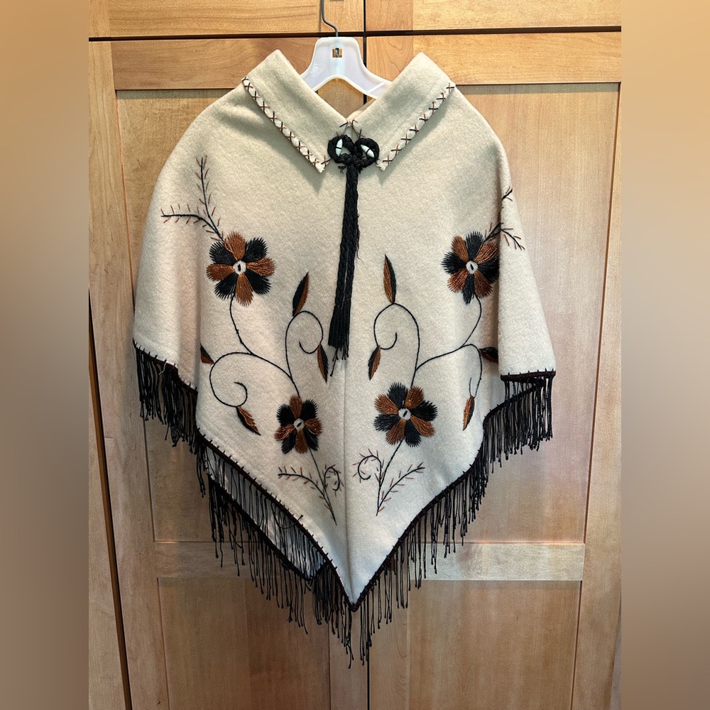 Vintage Floral Embroidered Poncho with Fringe
